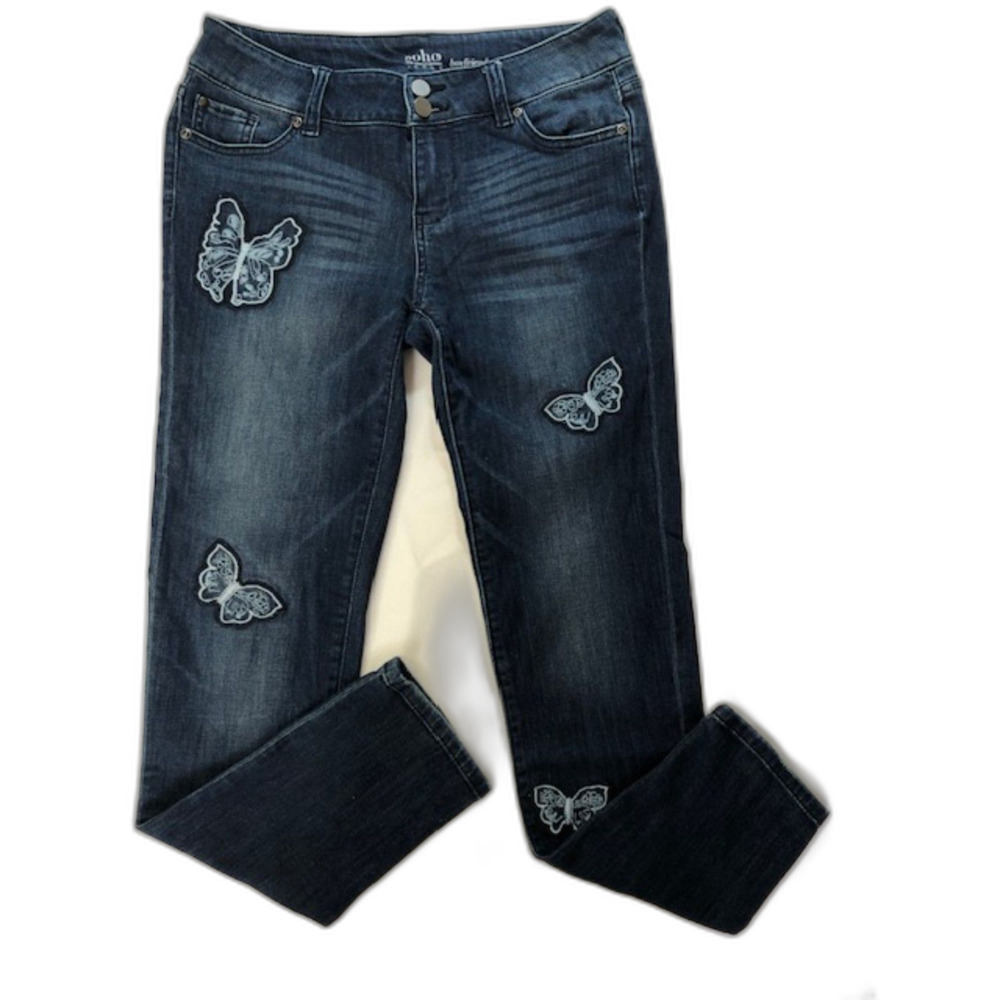 Y2K Low Rise Butterfly Embellished Boyfriend Cut Jeans